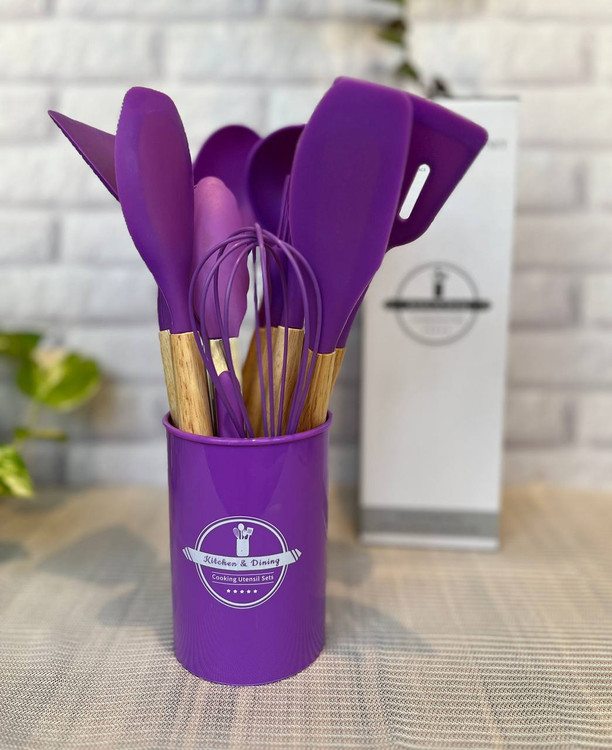 ست کفگیر و ملاقه سیلیکونی ۱۲ تکه دسته بامبو