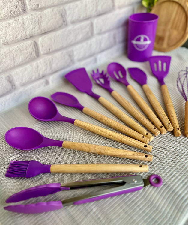 خرید ست کفگیر و ملاقه سیلیکونی ۱۲ تکه دسته بامبو