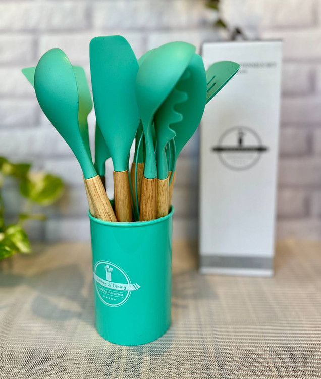 ست کفگیر و ملاقه سیلیکونی ۱۲ تکه دسته بامبو