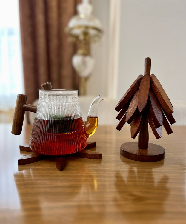 زیر قابلمه و زیر لیوان بامبو ۴ تایی استند دار