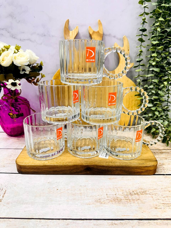 لیوان دسته مرواریدی طرح راه راه دلی گلس ست ۶ عددی