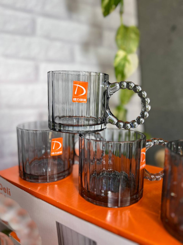 لیوان دسته مرواریدی دودی رنگ دلی گلس deli glass بسته ۶ تایی