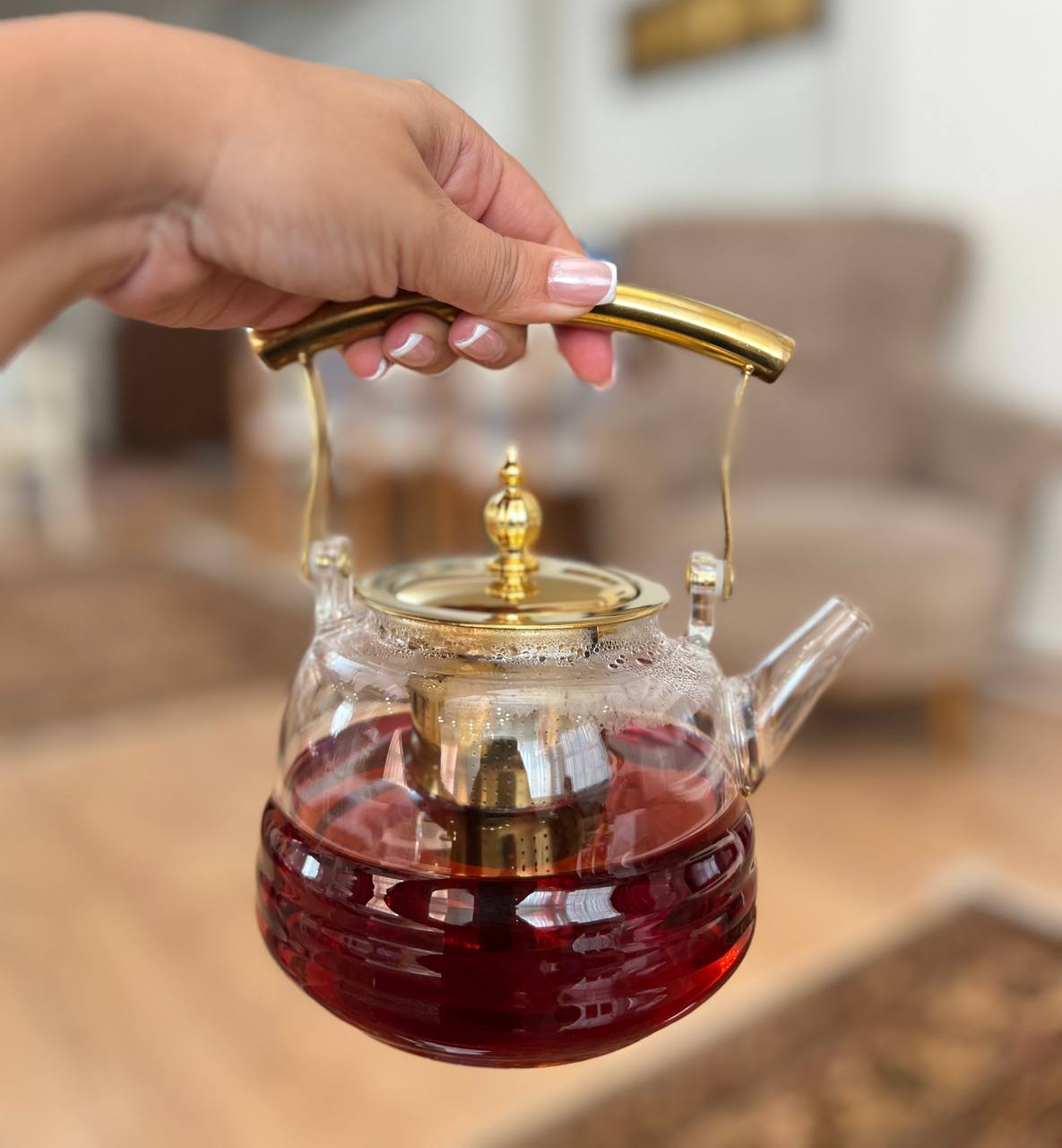 خرید قوری پیرکس دسته طلایی