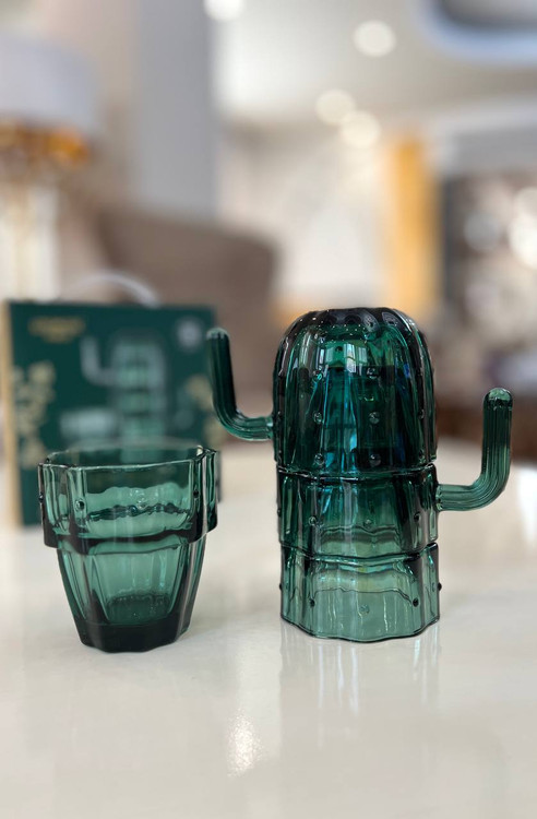خرید ست ماگ و لیوان شیشه ای ۴ عددی طرح کاکتوس