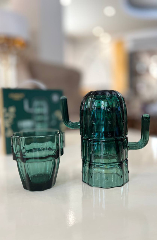 خرید ست ماگ و لیوان شیشه ای ۴ عددی طرح کاکتوس