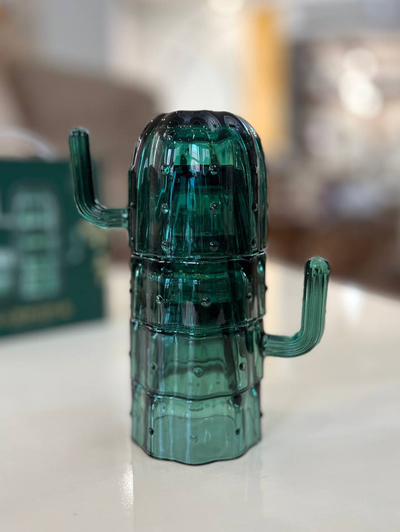 ست ماگ و لیوان ۴ عددی طرح کاکتوس شیشه ای