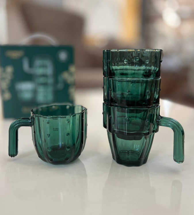 ست ماگ و لیوان شیشه ای ۴ عددی طرح کاکتوس