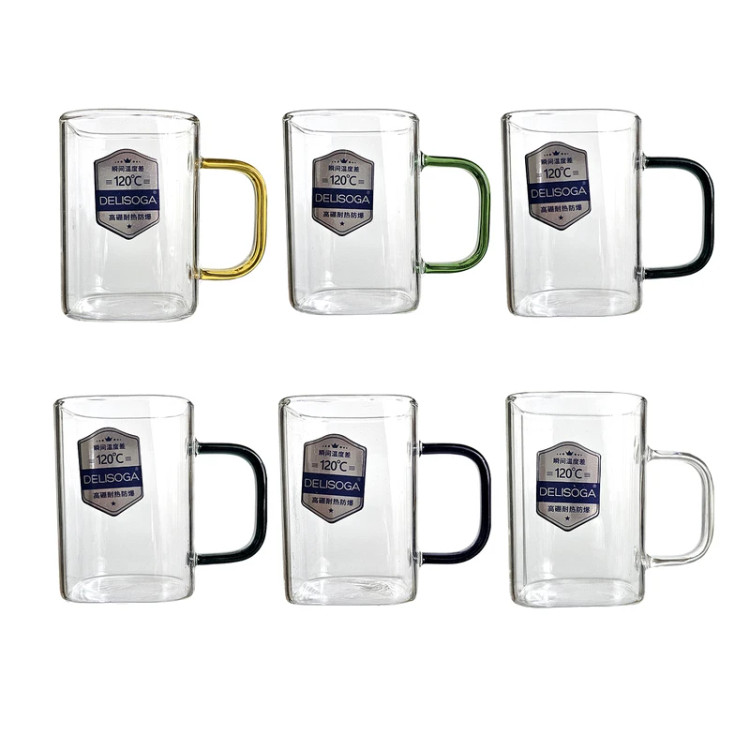 خرید لیوان و ماگ مربع پیرکس دسته رنگی برند دلی گلس deli glass