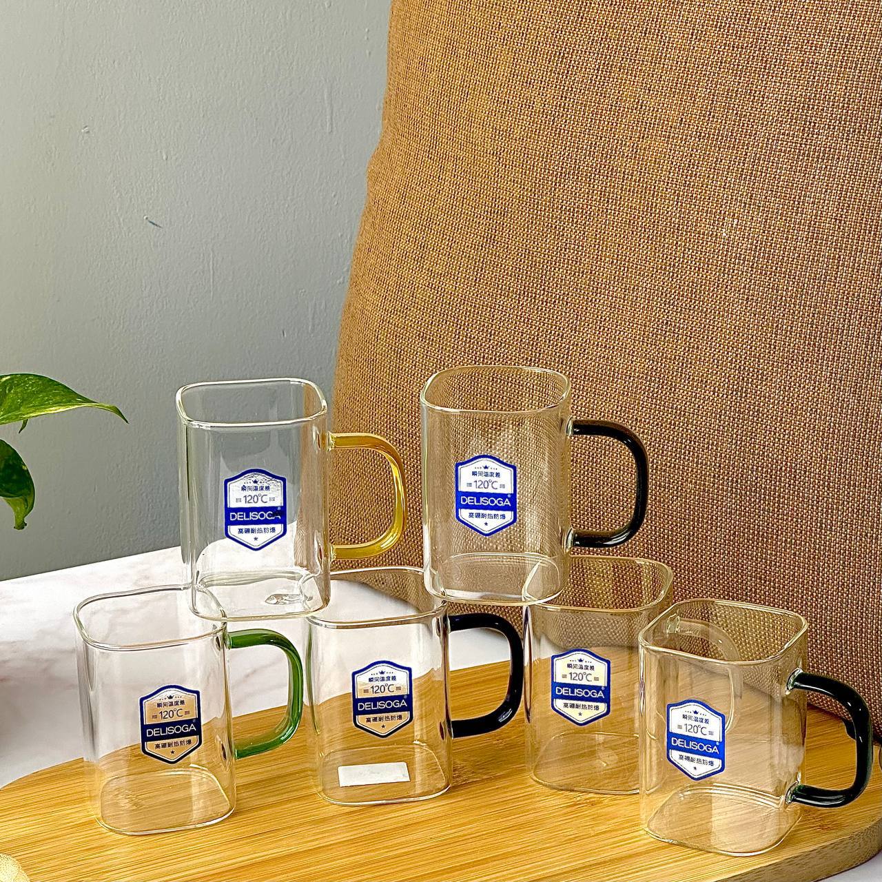لیوان و ماگ مربع پیرکس دسته رنگی برند دلی گلس deli glass