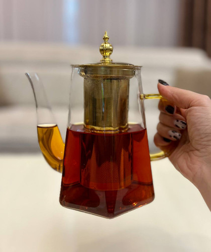 قوری پیرکس دسته رنگی شعله مستقیم چند ضلعی در طلایی