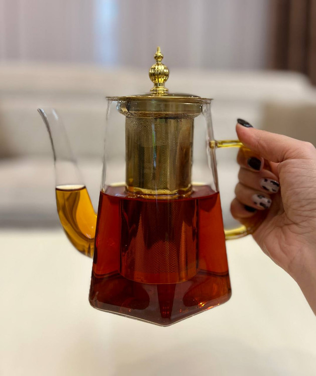 قوری پیرکس دسته رنگی شعله مستقیم چند ضلعی در طلایی