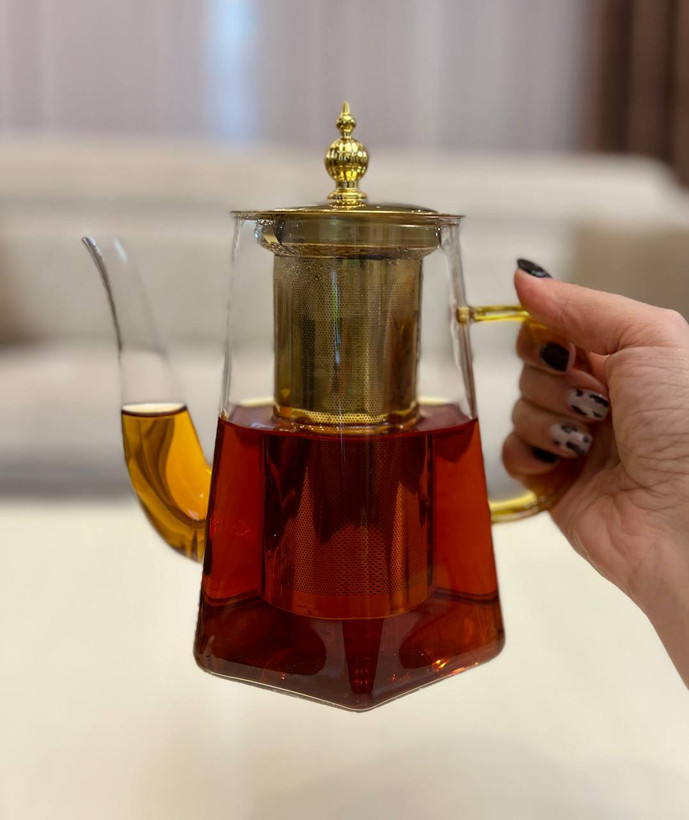 قوری پیرکس دسته رنگی شعله مستقیم چند ضلعی در طلایی