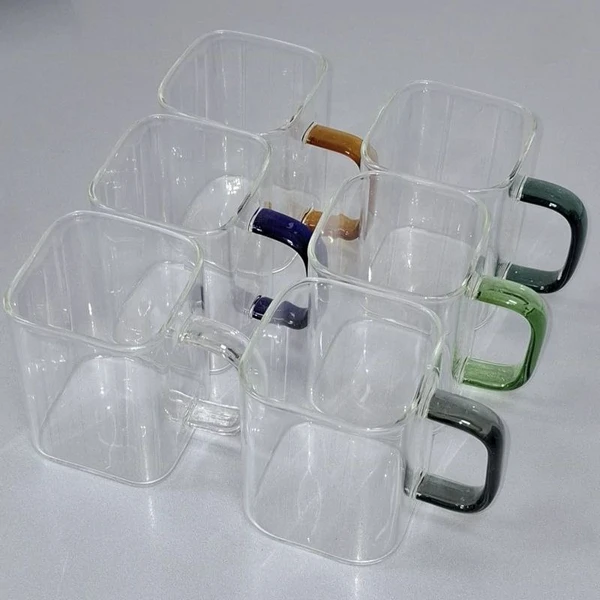 لیوان و ماگ مربع پیرکس دسته رنگی برند دلی گلس deli glass