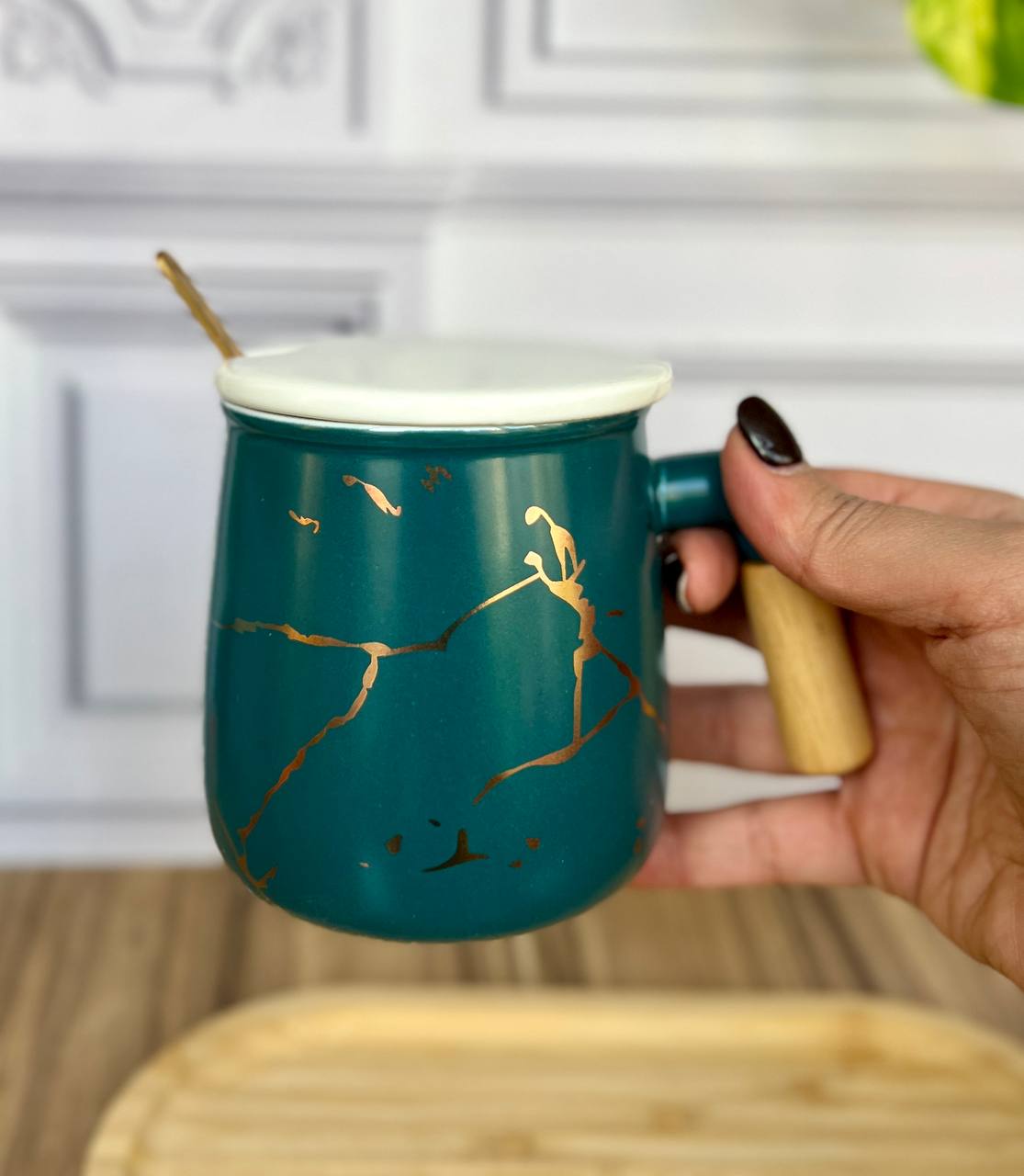 خرید ماگ سرامیکی دسته بامبو قاشق دار