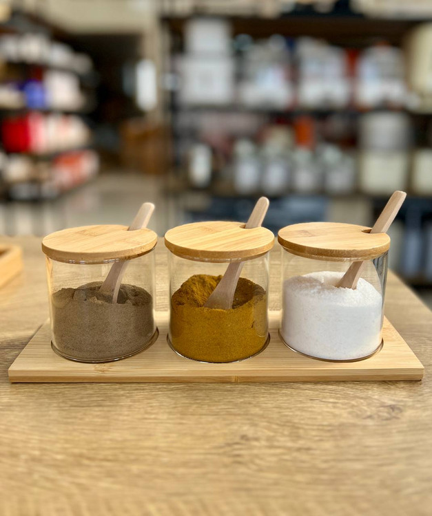 خرید جا ادویه پیرکس سه تایی قاشق دار با زیره