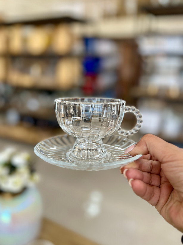 ست فنجان نعلبکی دسته مرواریدی royal glass