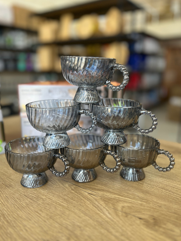 خرید فنجان دسته مرواریدی دودی پایه دار برند Royal glass وارداتی